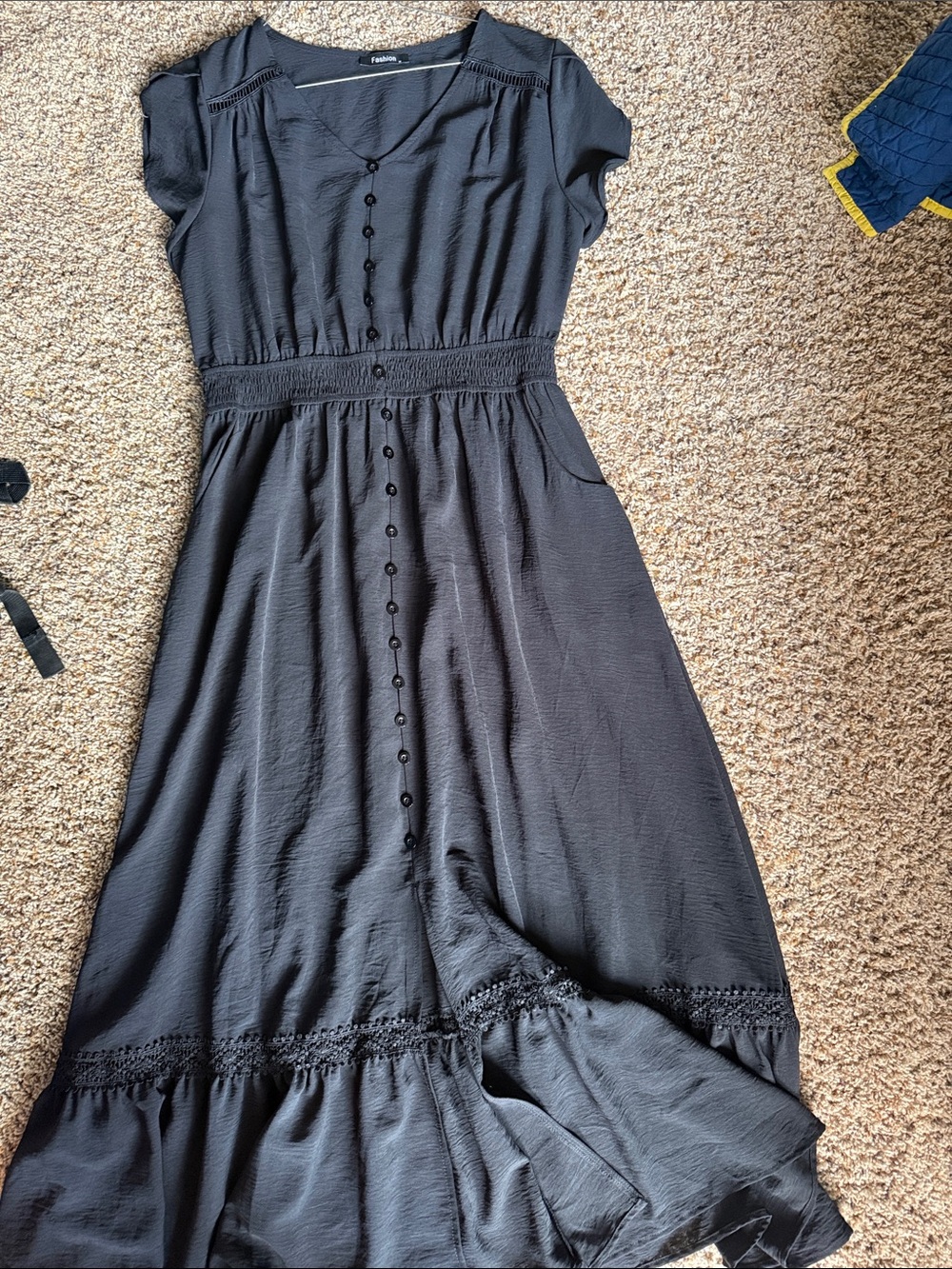 Black Button-Front Maxi Dress with Smocked Waist and Cap Sleeves